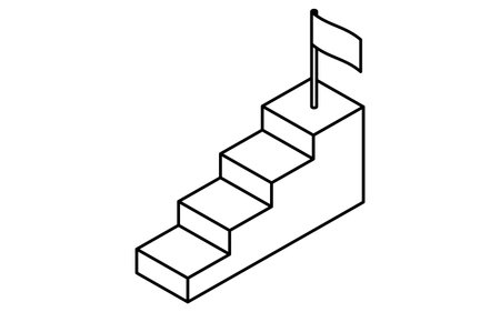 Simple line drawing illustration of business goal image, stairs and goal flag, isometric, Vector Illustrationのイラスト素材