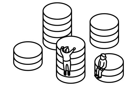 Business goal image, simple line drawing illustration of a coin and a person, isometric, Vector Illustrationのイラスト素材