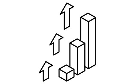 Bar chart showing rapid rise, business icons for targets, goal attainment, and goal, isometric illustrations, Vector Illustrationのイラスト素材