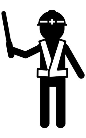 Workers directing traffic with red lights, pictograms of safety signs, hazards, and warnings, Vector Illustrationのイラスト素材
