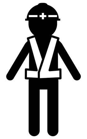 Workers wearing helmets and safety vests, pictograms of safety signs, hazards, and warnings, Vector Illustrationのイラスト素材