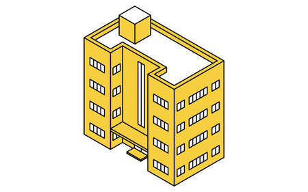 Four-story mid-rise apartment building, isometric illustration with simple line drawings, Vector Illustrationのイラスト素材