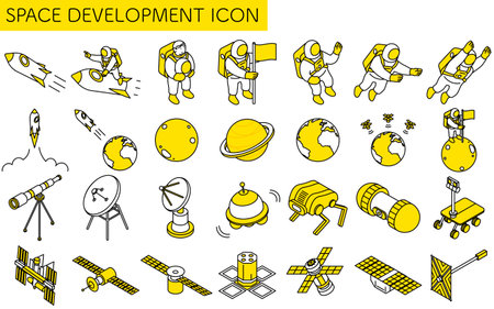 Simple line drawings of astronauts, satellites, and other space development, isometric illustration set, Vector Illustrationのイラスト素材