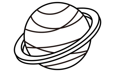 Simple line drawing in black and white of Saturn, isometric illustration, Vector Illustrationのイラスト素材