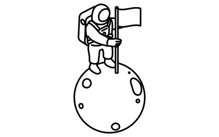 Simple line drawing in black and white of an astronaut pointing a flag to the moon, isometric illustration, Vector Illustrationのイラスト素材