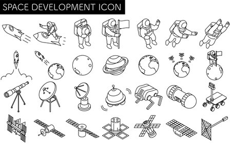Simple line drawing in black and whites of astronauts, satellites, and other space development, isometric illustration set, Vector Illustrationのイラスト素材