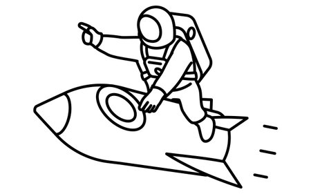 Simple line drawing in black and white of an astronaut flying on a rocket, isometric illustration, Vector Illustrationのイラスト素材