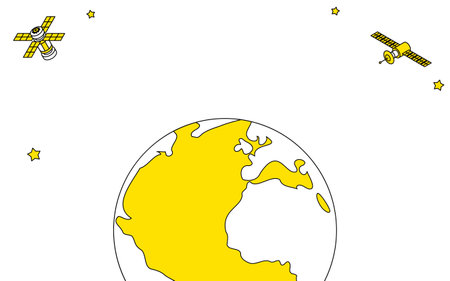 Cute and simple line drawing illustration of earth and satellite, Vector Illustrationのイラスト素材