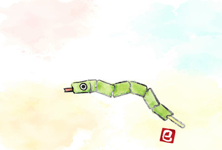 Japanese New Year's card for the year of the Snake 2025, pen drawing style of a toy bamboo snake - Translation: Happy new year. Snakeのイラスト素材