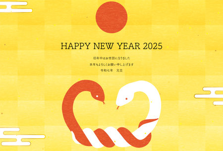 New Year's card for the year of the snake in 2025, tied red and white snakes and the first sunrise of the year - Translation: Thank you again this year. Reiwa 7.のイラスト素材