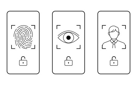 Biometric security, set of fingerprint, iris and face recognition, Vector Illustrationのイラスト素材