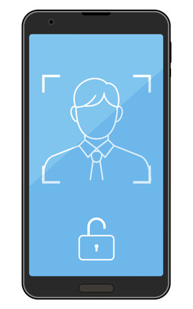Illustration of biometric security, facial recognition and a smartphone, Vector Illustrationのイラスト素材