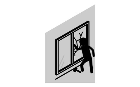 Suspicious person breaking in by smashing window with hammer, Crime Prevention and Home Security Black and White Isometric Iconのイラスト素材