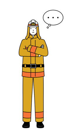 Firefighter in fire uniform with crossed arms, deep in thought, Vector Illustrationのイラスト素材