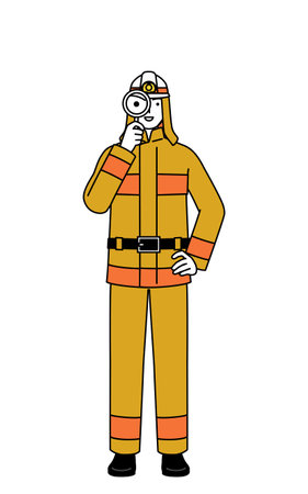 Firefighter in fire uniform holding a magnifying glass and placing his hand on his hip, Vector Illustrationのイラスト素材