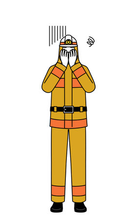 Firefighter in fire uniform covering his face in depression, Vector Illustrationのイラスト素材
