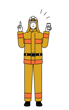 Firefighter in fire uniform taking security measures for his phone, Vector Illustrationのイラスト素材