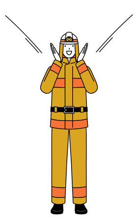 Firefighter in fire uniform calling out with his hand over his mouth, Vector Illustrationのイラスト素材