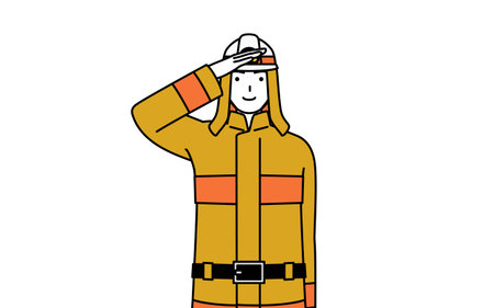 Firefighter in fire uniform making a salute, Vector Illustrationのイラスト素材