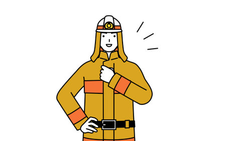 Firefighter in fire uniform tapping his chest, Vector Illustrationのイラスト素材