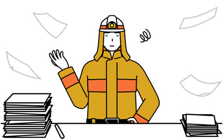 Firefighter in fire uniform who is fed up with his unorganized business, Vector Illustrationのイラスト素材