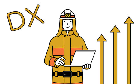 Image of DX, Firefighter in fire uniform who has successfully improved his business, Vector Illustrationのイラスト素材