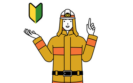 Firefighter in fire uniform showing the symbol for young leaves, Vector Illustrationのイラスト素材