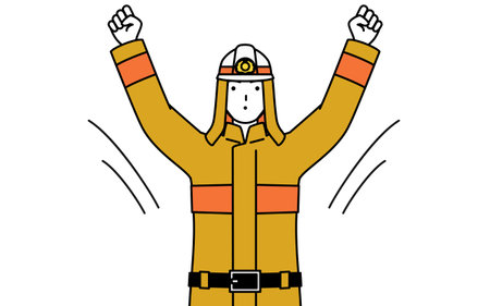Firefighter in fire uniform doing radio calisthenics, preparation for accident prevention, Vector Illustrationのイラスト素材