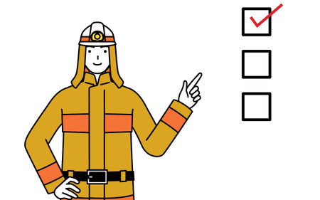 Firefighter in fire uniform pointing to a checklist, Vector Illustrationのイラスト素材