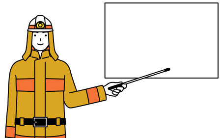 Firefighter in fire uniform pointing at a whiteboard with an indicator stick, Vector Illustrationのイラスト素材