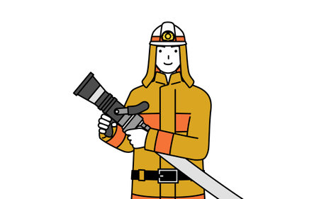 Firefighter in fire uniform holding fire hose with gun-type nozzle, Vector Illustrationのイラスト素材