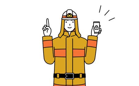 Firefighter in fire uniform taking security measures for his phone, Vector Illustrationのイラスト素材