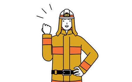Firefighter in fire uniform posing with guts, Vector Illustrationのイラスト素材