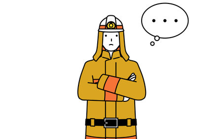 Firefighter in fire uniform with crossed arms, deep in thought, Vector Illustrationのイラスト素材