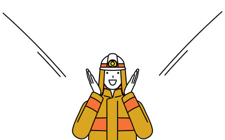 Firefighter in fire uniform calling out with his hand over his mouth, Vector Illustrationのイラスト素材