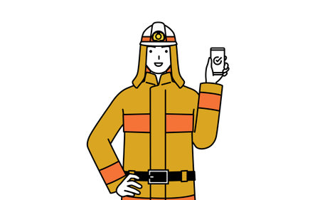 Firefighter in fire uniform using a smartphone at work, Vector Illustrationのイラスト素材