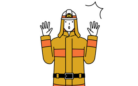 Firefighter in fire uniform raising his hand in surprise, Vector Illustrationのイラスト素材