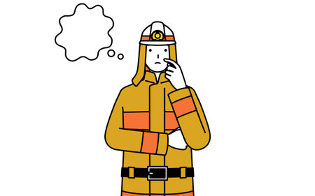Firefighter in fire uniform thinking while scratching his face, Vector Illustrationのイラスト素材