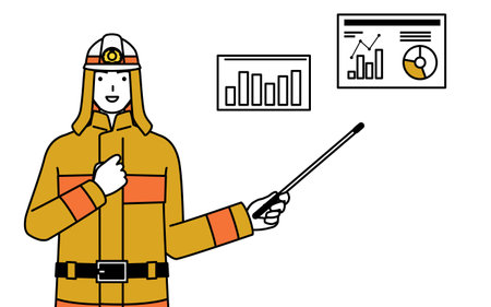 Firefighter in fire uniform analyzing a performance graph, Vector Illustrationのイラスト素材