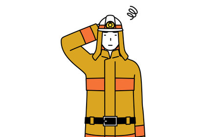 Firefighter in fire uniform scratching his head in distress, Vector Illustrationのイラスト素材