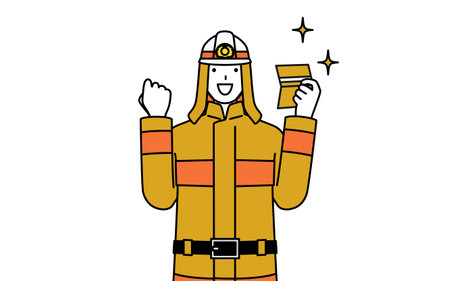 Firefighter in fire uniform who is pleased to see a bankbook, Vector Illustrationのイラスト素材
