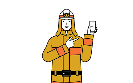 Firefighter in fire uniform recommending cashless online payments on a smartphone, Vector Illustrationのイラスト素材