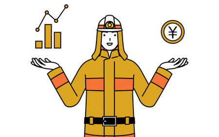 Firefighter in fire uniform guiding an image of DX, performance and sales improvement, Vector Illustrationのイラスト素材