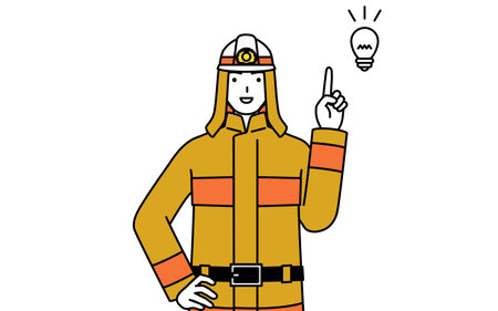 Firefighter in fire uniform coming up with an idea, Vector Illustrationのイラスト素材
