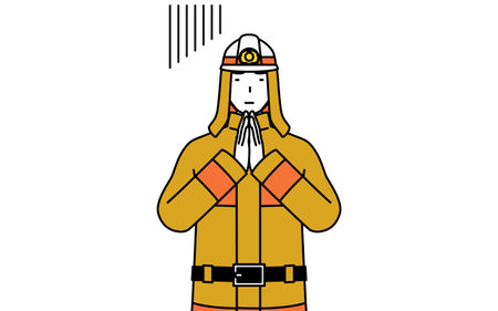 Firefighter in fire uniform apologizing with his hands in front of his body, Vector Illustrationのイラスト素材