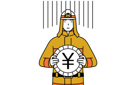 Firefighter in fire uniform an image of exchange loss or yen depreciation, Vector Illustrationのイラスト素材
