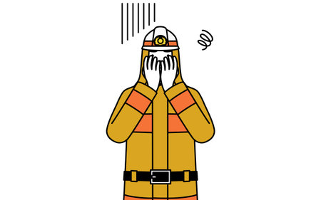 Firefighter in fire uniform covering his face in depression, Vector Illustrationのイラスト素材