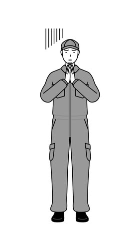 A mechanic in coveralls apologizing with his hands in front of his body, Vector Illustrationのイラスト素材