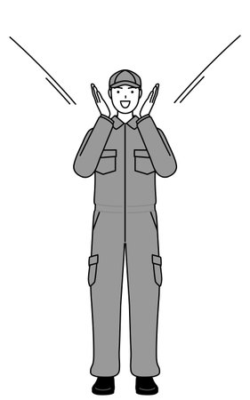 A mechanic in coveralls calling out with his hand over his mouth, Vector Illustrationのイラスト素材