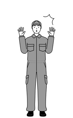 A mechanic in coveralls raising his hand in surprise, Vector Illustrationのイラスト素材